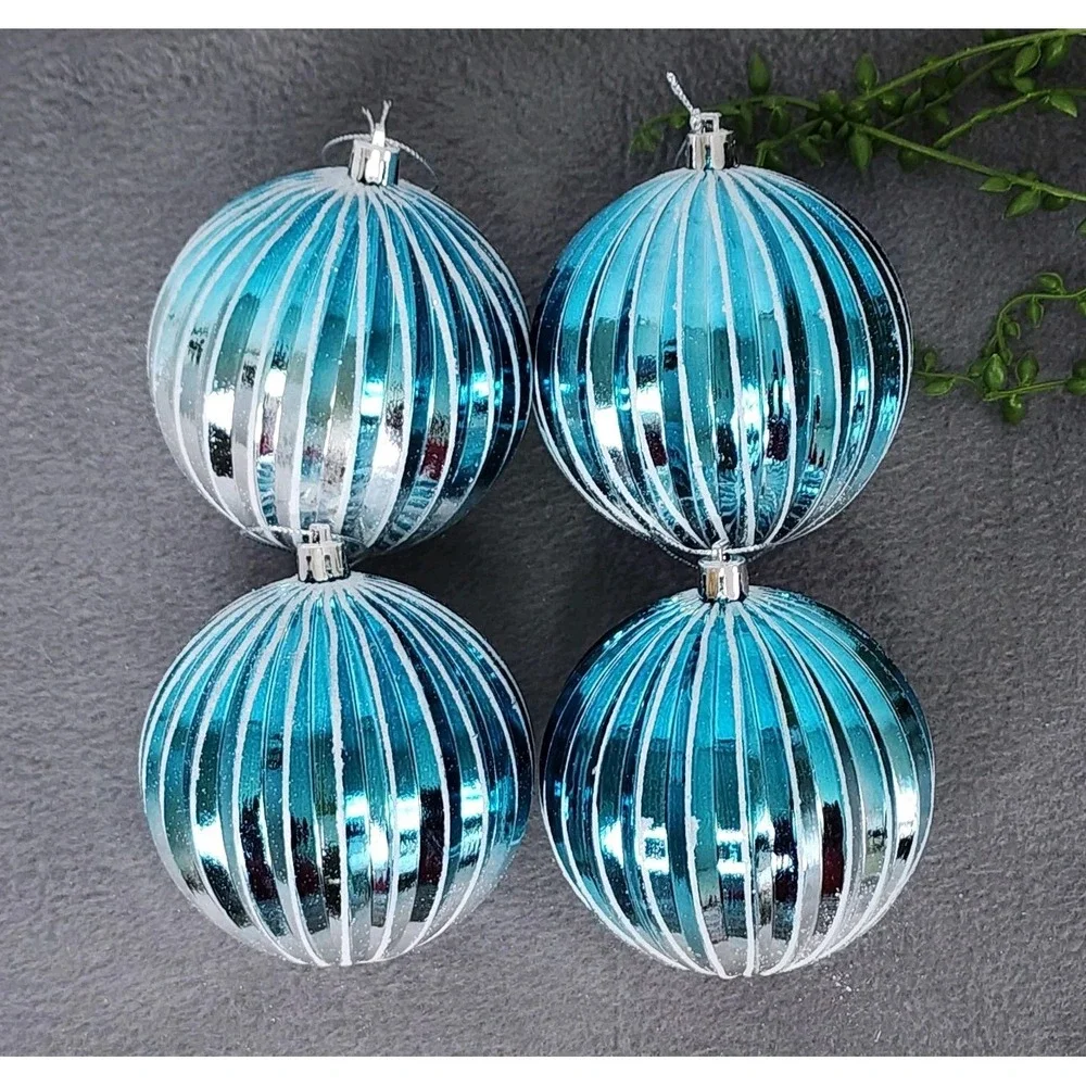 4 Blue‎ & Silver Striped Christmas Round Ball Ornaments Coastal Plastic 4